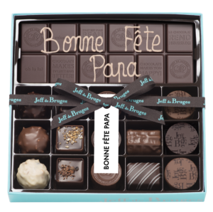 Boite 15 chocolats assortis et tablette chocolat noir 80% personnalisée