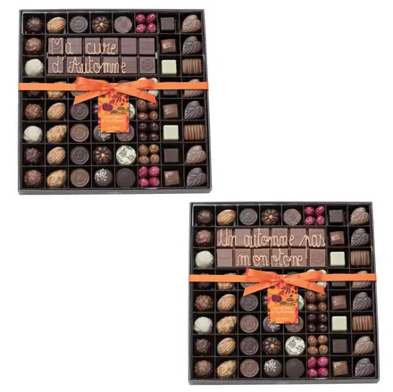 Boite 54 Chocolats d'Automne assortis et Tablette chocolat au lait ou chocolat noir