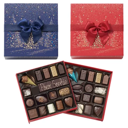 Boite de Noël carrée rouge ou bleue - 32 chocolats assortis et sa barre gourmande
