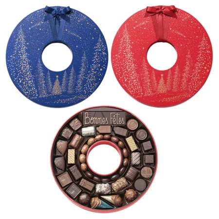 Petite boite couronne de Noël garnie de chocolats et sa barre noir - rouge ou bleue