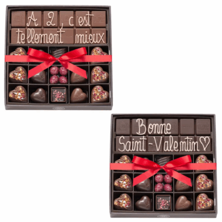Boite 15 chocolats Saint-Valentin et tablette de chocolat au lait ou noir