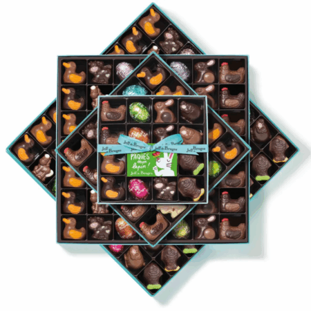 Boite animaux et œufs fourrés en chocolat